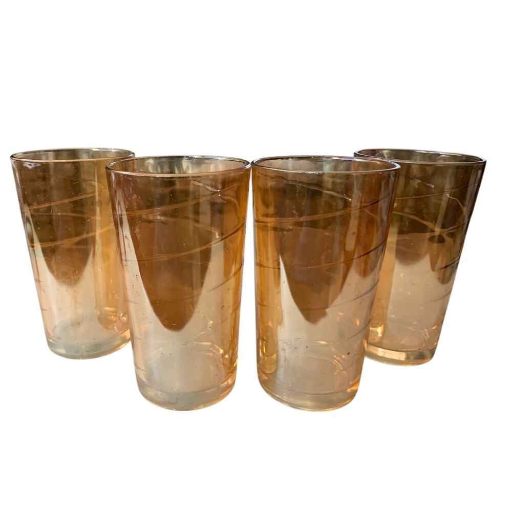 Jeannette Marigold Carnival Glasses Tumblers Iridescent Swirl Set of 4 Vintage